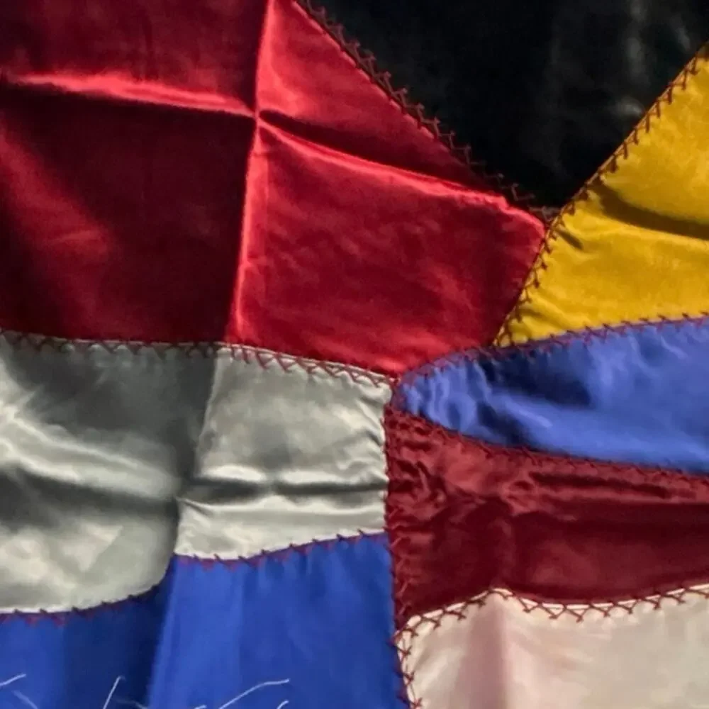 5 Swaths of Crazy Quilt Vibrant Satin Fabric c1930s/40s Individual 24x24”